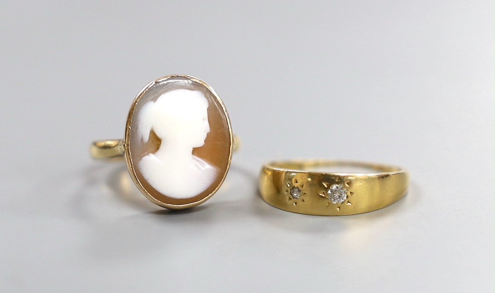 An 18ct and two stone gypsy set diamond ring, gross 2.6 grams and a 9ct gold cameo portrait ring, gross 3.3 grams.